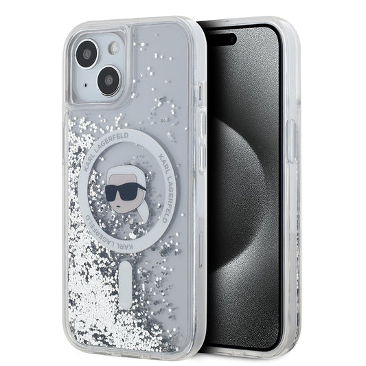 Custodia MagSafe per Apple iPhone 15, Karl Lagerfeld, Liquid Glitter Karl's Head, Trasparente