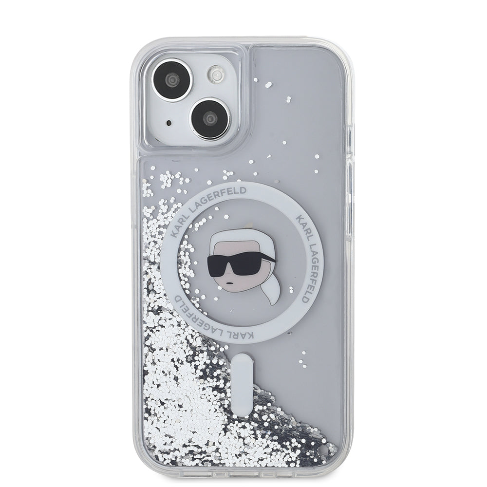 MagSafe Case for Apple iPhone 15, Karl Lagerfeld, Liquid Glitter Karl's Head, Transparent