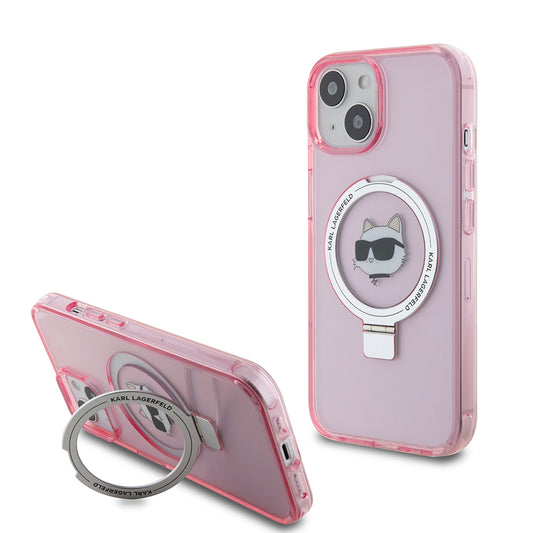 Custodia MagSafe per Apple iPhone 15, Karl Lagerfeld, Ring Stand Choupette's Head, Rosa