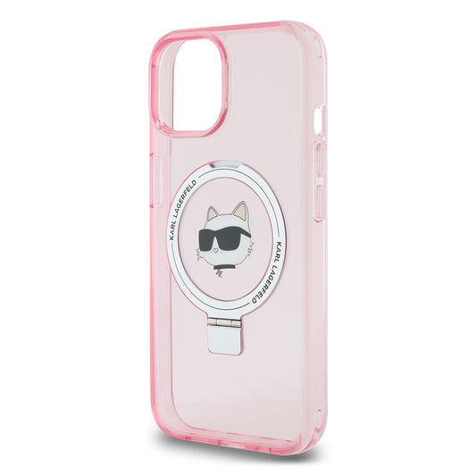 Custodia MagSafe per Apple iPhone 15, Karl Lagerfeld, Ring Stand Choupette's Head, Rosa