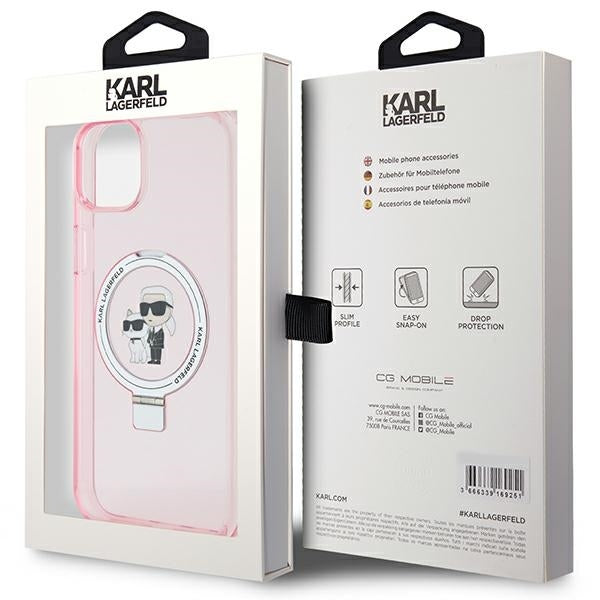 Custodia MagSafe per Apple iPhone 15, Karl Lagerfeld, Ring Stand Karl & Choupette, Rosa