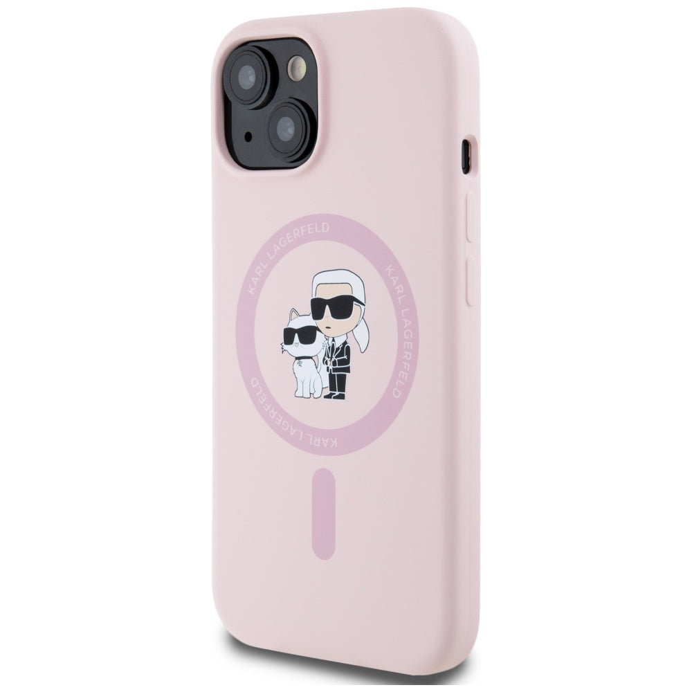 Custodia MagSafe per Apple iPhone 15, Karl Lagerfeld, Silicone Karl & Choupette, Rosa