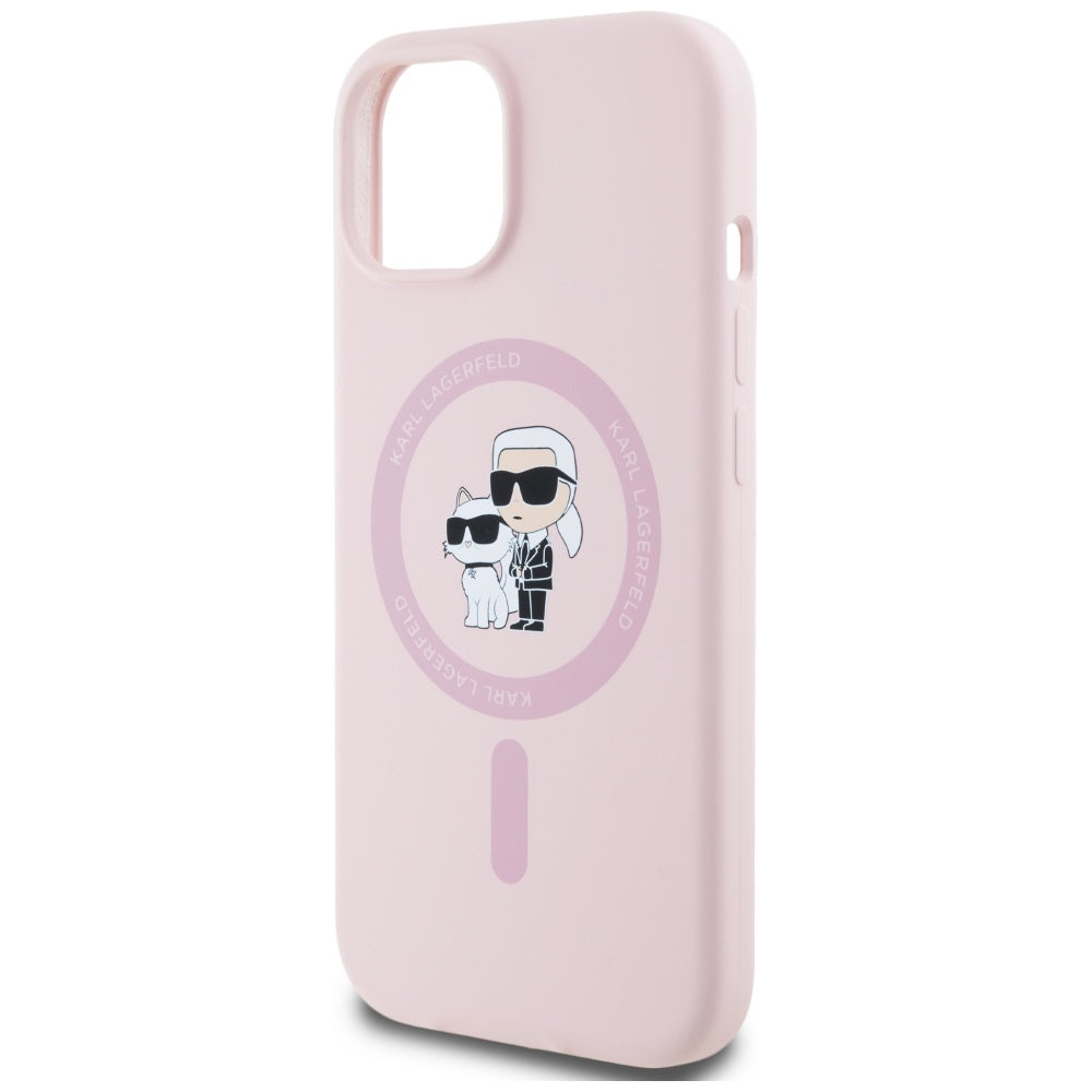 Custodia MagSafe per Apple iPhone 15, Karl Lagerfeld, Silicone Karl & Choupette, Rosa