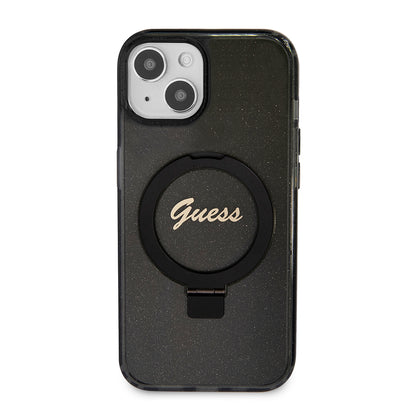 Custodia MagSafe per Apple iPhone 15 Plus, Guess, Ring Stand Script Glitter, Nera