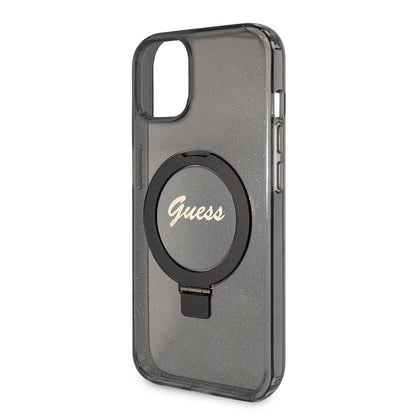 Custodia MagSafe per Apple iPhone 15 Plus, Guess, Ring Stand Script Glitter, Nera