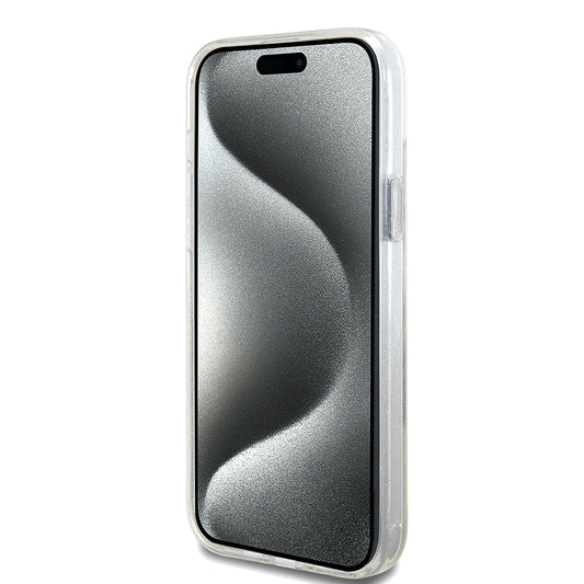 Custodia MagSafe per Apple iPhone 15 Plus, Guess, Ring Stand Script Glitter, Trasparente