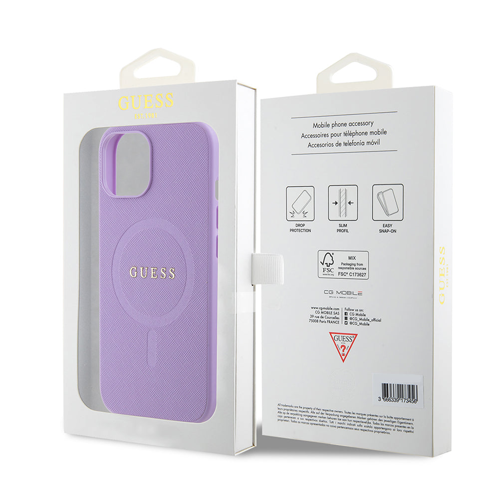 Custodia MagSafe per Apple iPhone 15 Plus, Guess, Saffiano, Viola