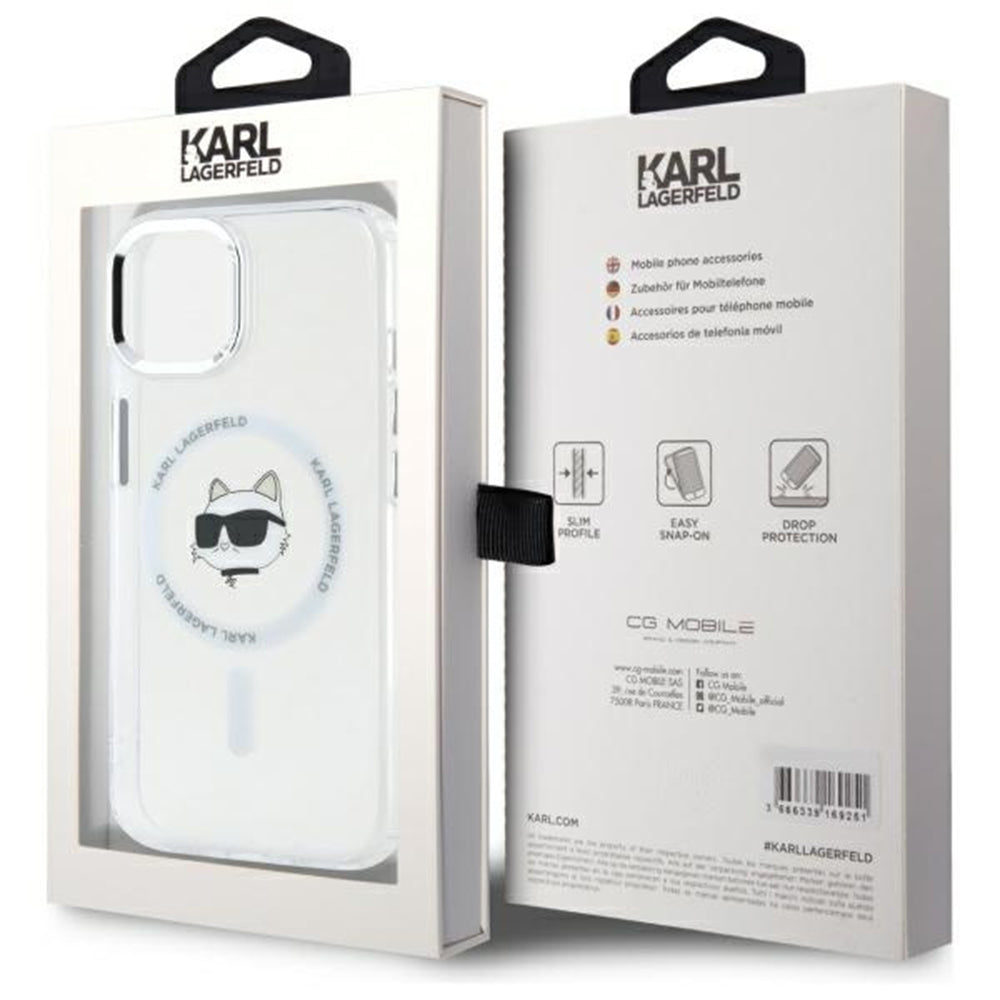 Custodia MagSafe per Apple iPhone 15 Plus, Karl Lagerfeld, IML Metal Choupette's Head, Bianca