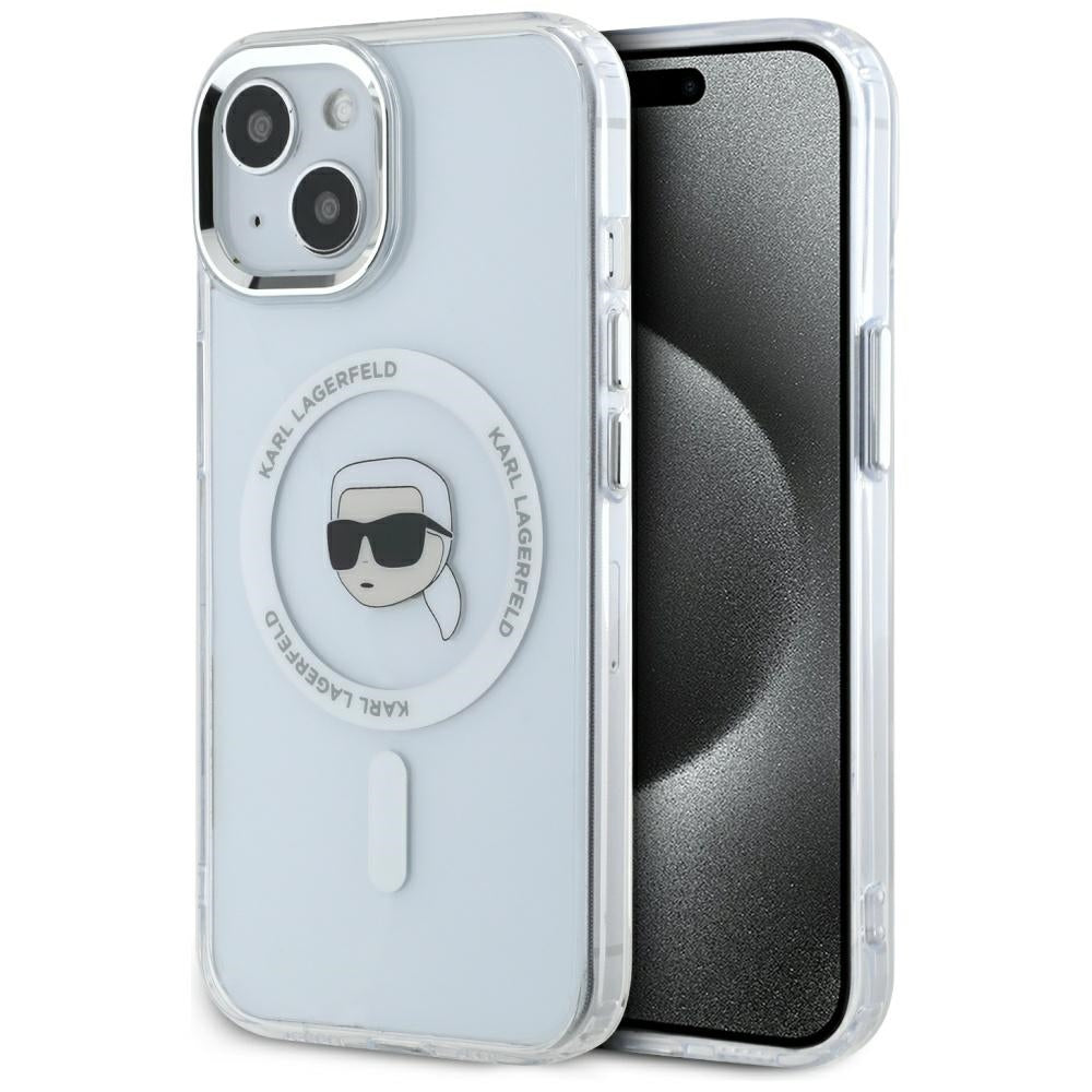 Custodia MagSafe per Apple iPhone 15 Plus, Karl Lagerfeld, IML Metal Karl's Head, Bianca
