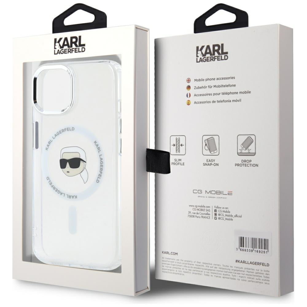 Custodia MagSafe per Apple iPhone 15 Plus, Karl Lagerfeld, IML Metal Karl's Head, Bianca