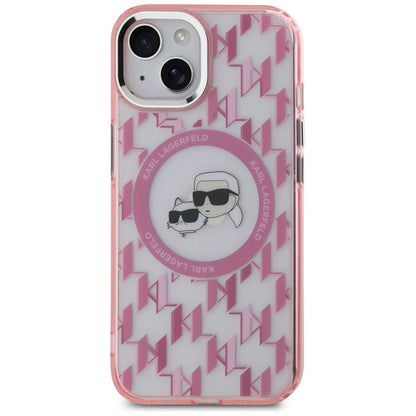 MagSafe Case for Apple iPhone 15 Plus, Karl Lagerfeld, IML Monogram Karl & Choupette's Heads, Pink