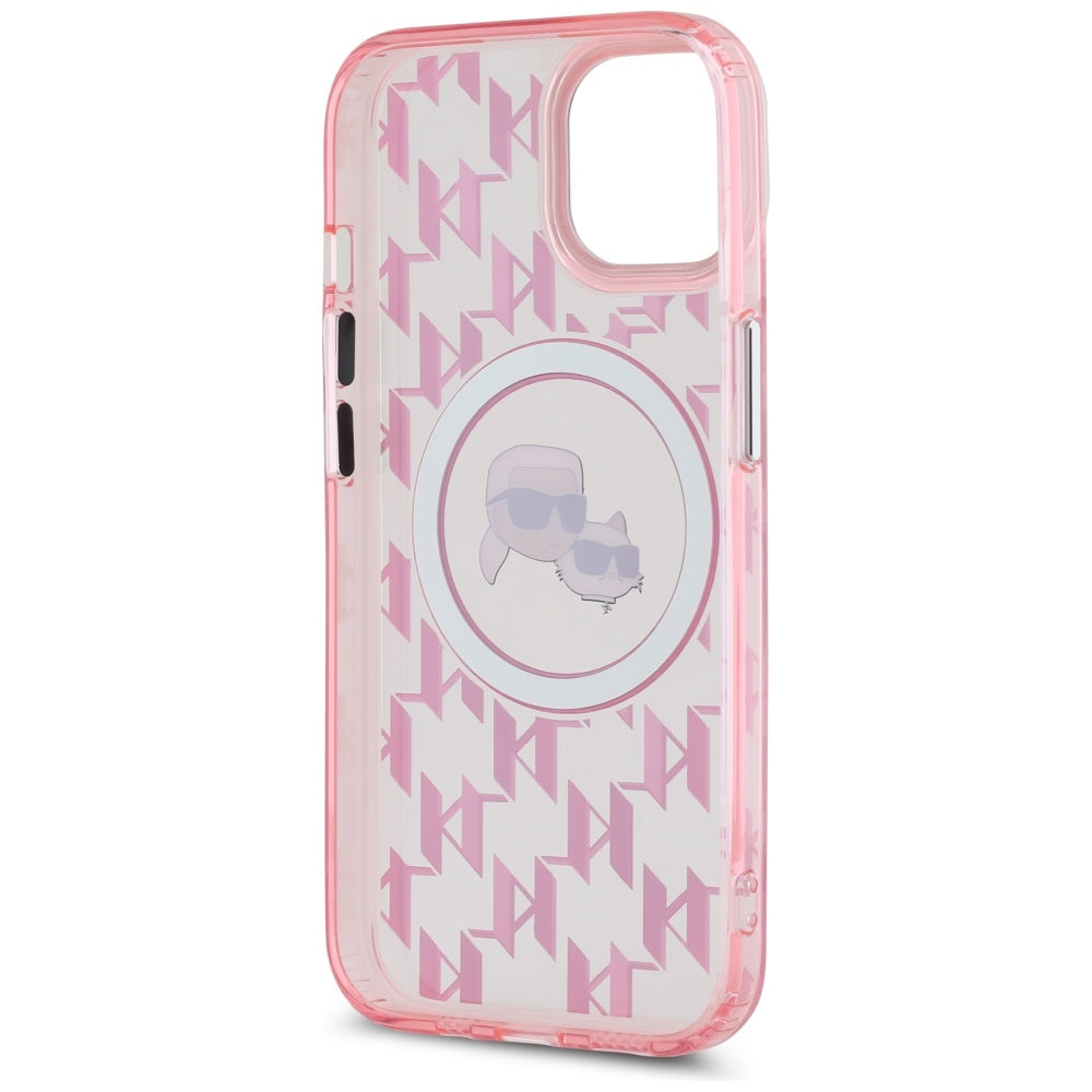 MagSafe Case for Apple iPhone 15 Plus, Karl Lagerfeld, IML Monogram Karl & Choupette's Heads, Pink