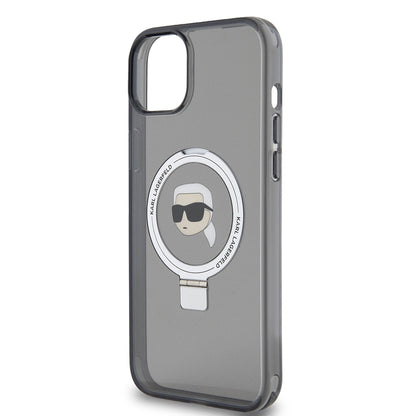 MagSafe Case for Apple iPhone 15 Plus, Karl Lagerfeld, Ring Stand Karl's Head, Black