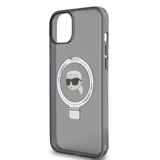 MagSafe Case for Apple iPhone 15 Plus, Karl Lagerfeld, Ring Stand Karl's Head, Black