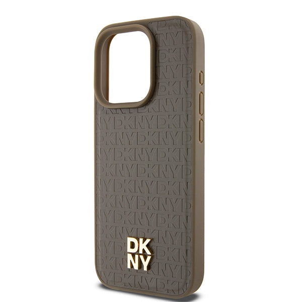 Custodia MagSafe per Apple iPhone 15 Pro, DKNY, Logo Metallico a Monogramma, Marrone