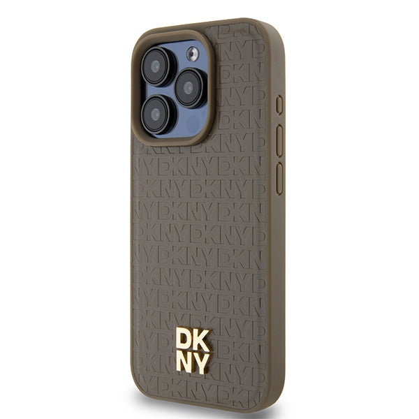Custodia MagSafe per Apple iPhone 15 Pro, DKNY, Logo Metallico a Monogramma, Marrone