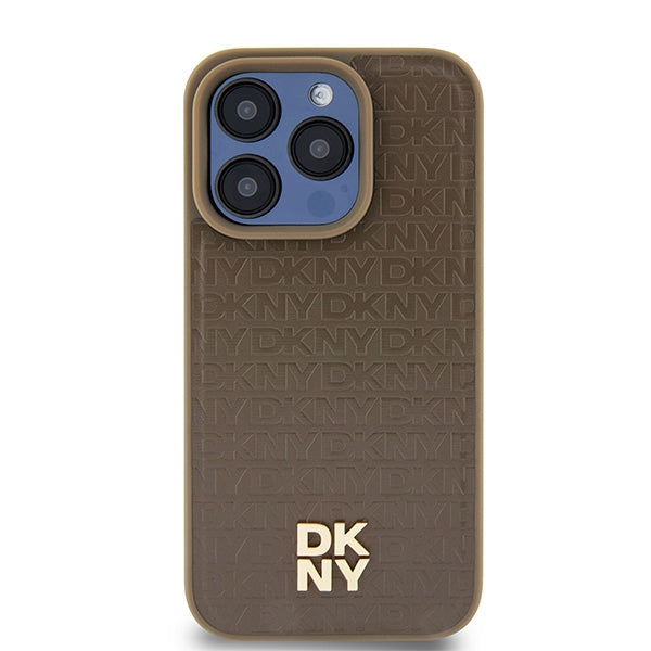 Custodia MagSafe per Apple iPhone 15 Pro, DKNY, Logo Metallico a Monogramma, Marrone