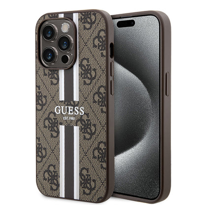 Custodia MagSafe per Apple iPhone 15 Pro, Guess, 4G Printed Stripes, Marrone