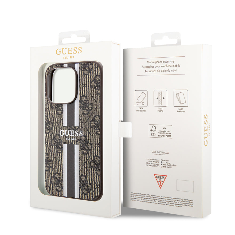 Custodia MagSafe per Apple iPhone 15 Pro, Guess, 4G Printed Stripes, Marrone