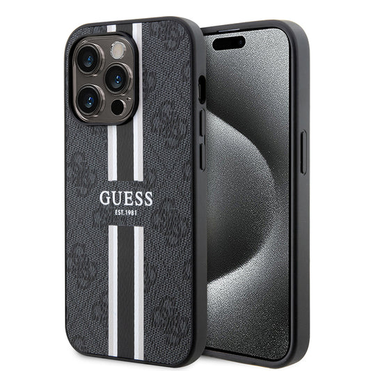 Custodia MagSafe per Apple iPhone 15 Pro, Guess, 4G Printed Stripes, Nera