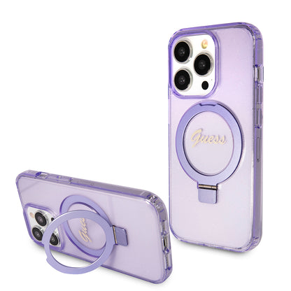 Custodia MagSafe per Apple iPhone 15 Pro, Guess, IML Ring Stand Glitter, Viola