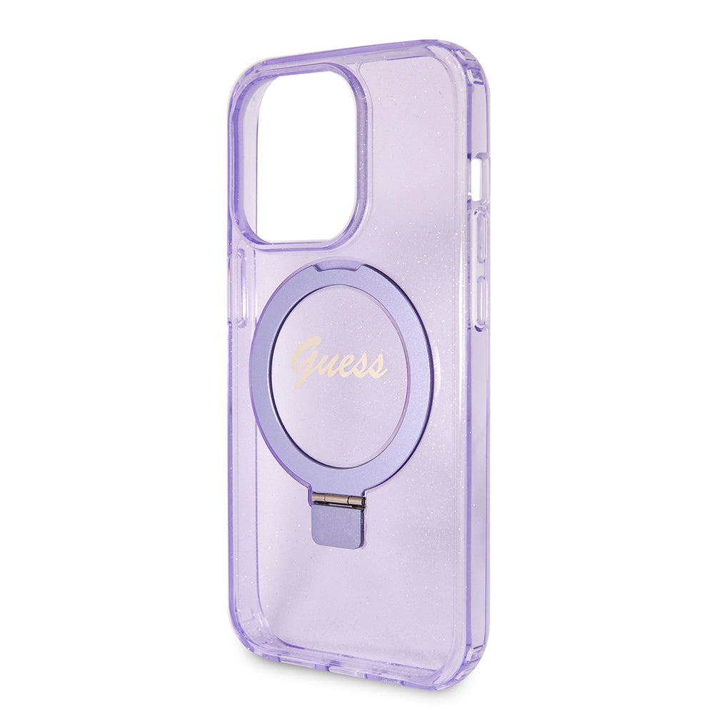 Custodia MagSafe per Apple iPhone 15 Pro, Guess, IML Ring Stand Glitter, Viola