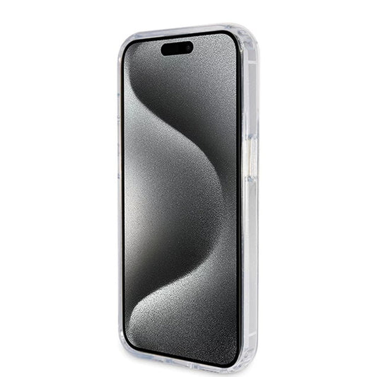 Custodia MagSafe per Apple iPhone 15 Pro, Guess, IML Ring Stand Glitter, Trasparente