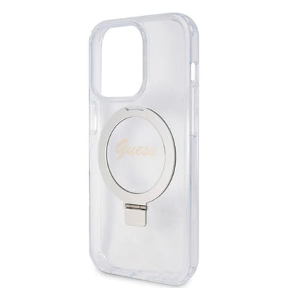 Custodia MagSafe per Apple iPhone 15 Pro, Guess, IML Ring Stand Glitter, Trasparente