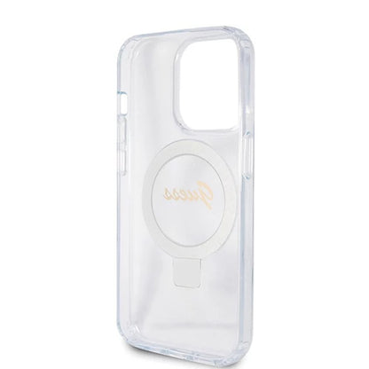 Custodia MagSafe per Apple iPhone 15 Pro, Guess, IML Ring Stand Glitter, Trasparente