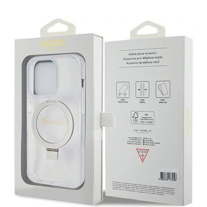 Custodia MagSafe per Apple iPhone 15 Pro, Guess, IML Ring Stand Glitter, Trasparente