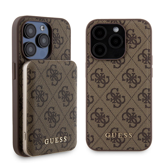 Custodia MagSafe per Apple iPhone 15 Pro, Guess, Powerbank 4G Metal Logo, Marrone