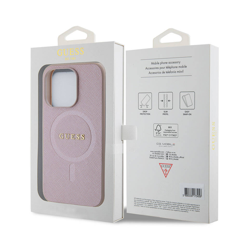 Custodia MagSafe per Apple iPhone 15 Pro, Guess, Saffiano, Rosa