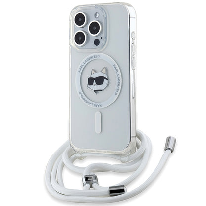 Custodia MagSafe per Apple iPhone 15 Pro, Karl Lagerfeld, IML Crossbody Choupette's Head con Tracolla, Trasparente