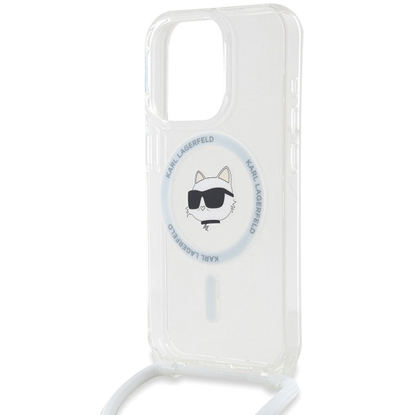 Custodia MagSafe per Apple iPhone 15 Pro, Karl Lagerfeld, IML Crossbody Choupette's Head con Tracolla, Trasparente