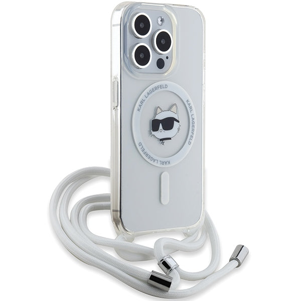 Custodia MagSafe per Apple iPhone 15 Pro, Karl Lagerfeld, IML Crossbody Choupette's Head con Tracolla, Trasparente