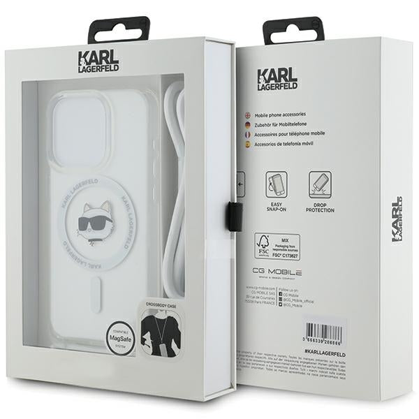 Custodia MagSafe per Apple iPhone 15 Pro, Karl Lagerfeld, IML Crossbody Choupette's Head con Tracolla, Trasparente