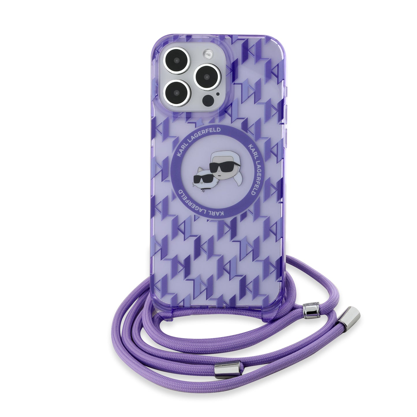 Custodia MagSafe per Apple iPhone 15 Pro, Karl Lagerfeld, IML Crossbody Monogramma Karl & Choupette's Heads, Viola
