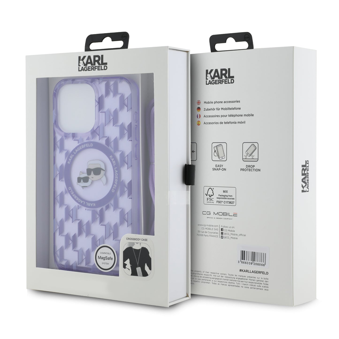 Custodia MagSafe per Apple iPhone 15 Pro, Karl Lagerfeld, IML Crossbody Monogramma Karl & Choupette's Heads, Viola