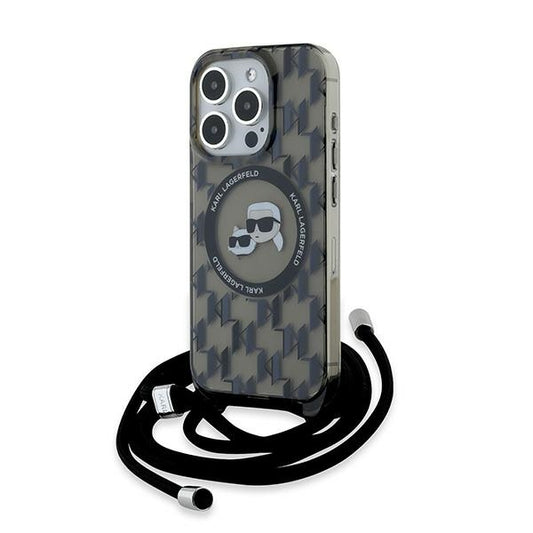 Custodia MagSafe per Apple iPhone 15 Pro, Karl Lagerfeld, IML Crossbody Monogram Karl & Choupette's Heads, Nera