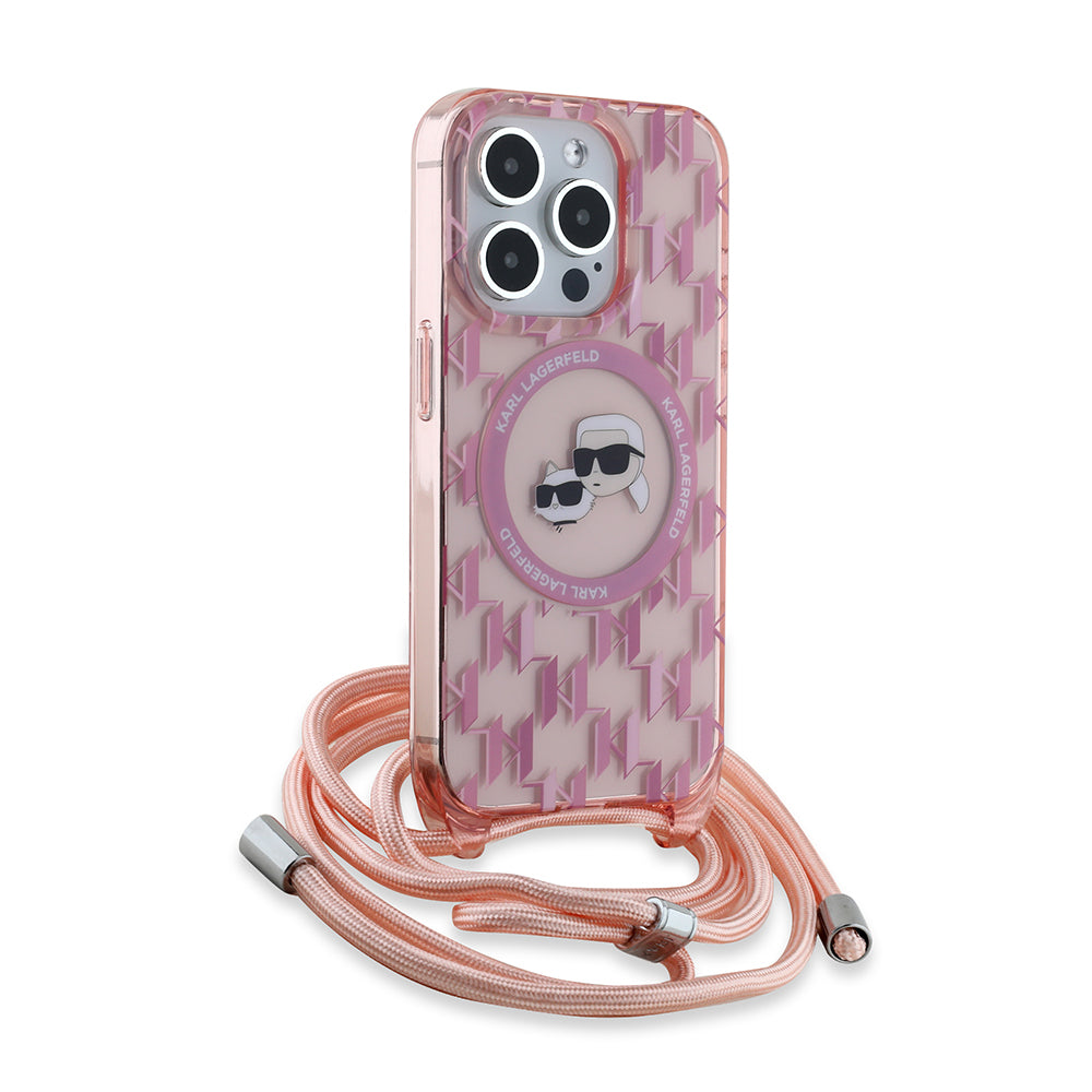 Custodia MagSafe per Apple iPhone 15 Pro, Karl Lagerfeld, IML Crossbody Monogramma Karl & Choupette's Heads, Rosa