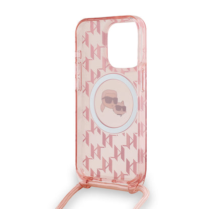 Custodia MagSafe per Apple iPhone 15 Pro, Karl Lagerfeld, IML Crossbody Monogramma Karl & Choupette's Heads, Rosa