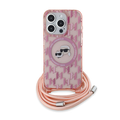 Custodia MagSafe per Apple iPhone 15 Pro, Karl Lagerfeld, IML Crossbody Monogramma Karl & Choupette's Heads, Rosa
