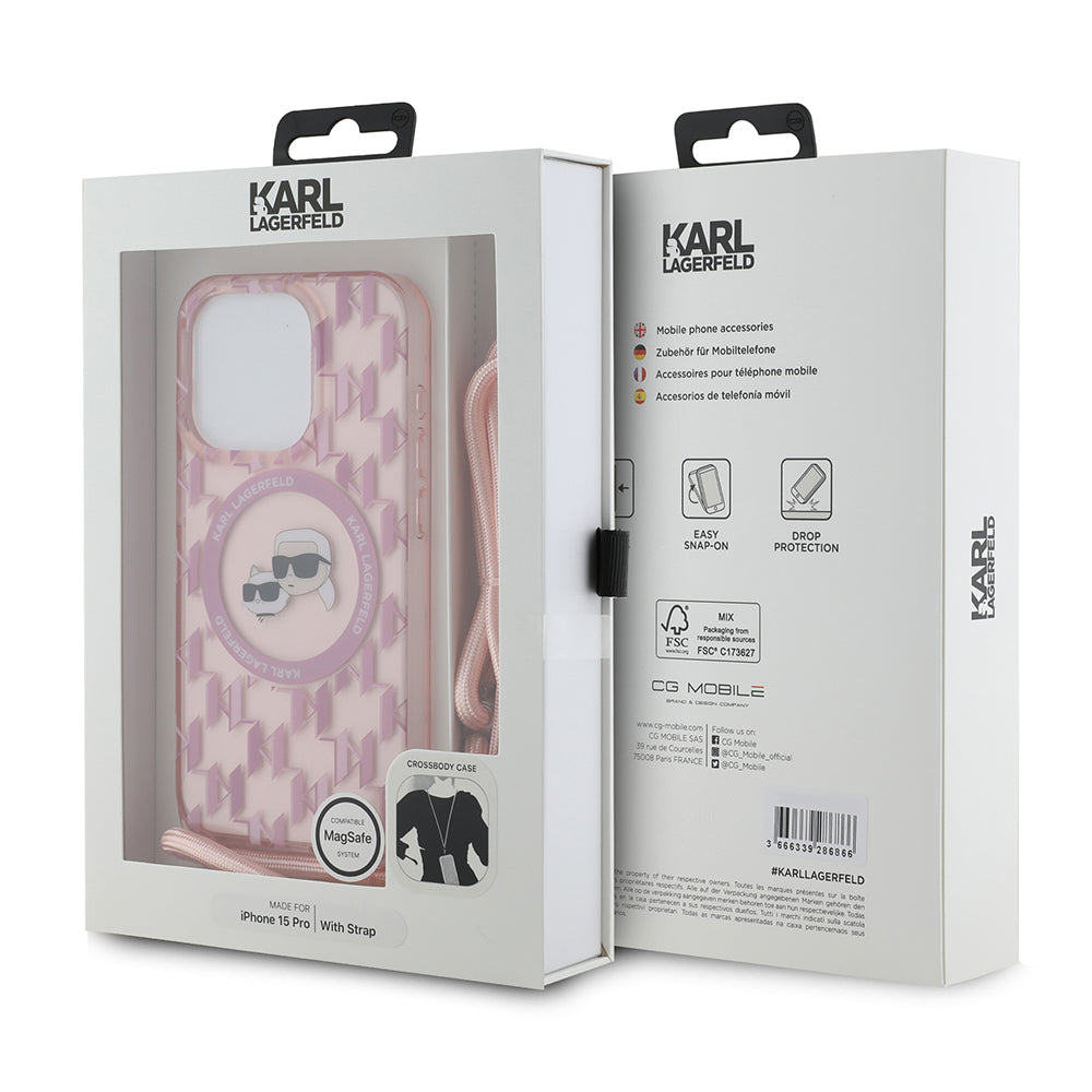 Custodia MagSafe per Apple iPhone 15 Pro, Karl Lagerfeld, IML Crossbody Monogramma Karl & Choupette's Heads, Rosa