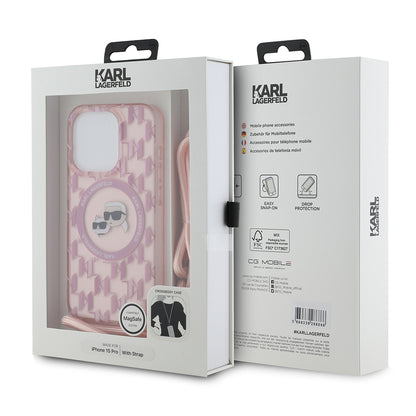 Custodia MagSafe per Apple iPhone 15 Pro, Karl Lagerfeld, IML Crossbody Monogramma Karl & Choupette's Heads, Rosa
