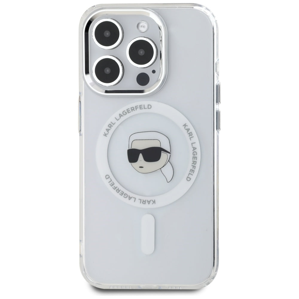 Custodia MagSafe per Apple iPhone 15 Pro, Karl Lagerfeld, IML Metal Karl's Head, Bianca