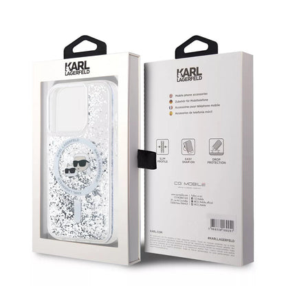 MagSafe Case for Apple iPhone 15 Pro, Karl Lagerfeld, Liquid Glitter Karl & Choupette's Heads, Transparent