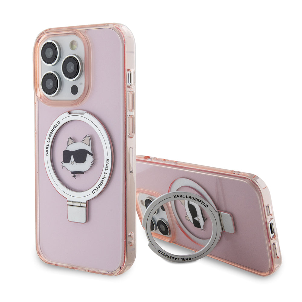 Custodia MagSafe per Apple iPhone 15 Pro, Karl Lagerfeld, Ring Stand Choupette's Head, Rosa