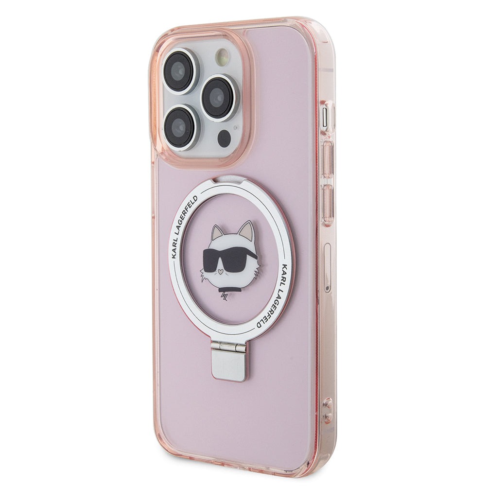 Custodia MagSafe per Apple iPhone 15 Pro, Karl Lagerfeld, Ring Stand Choupette's Head, Rosa