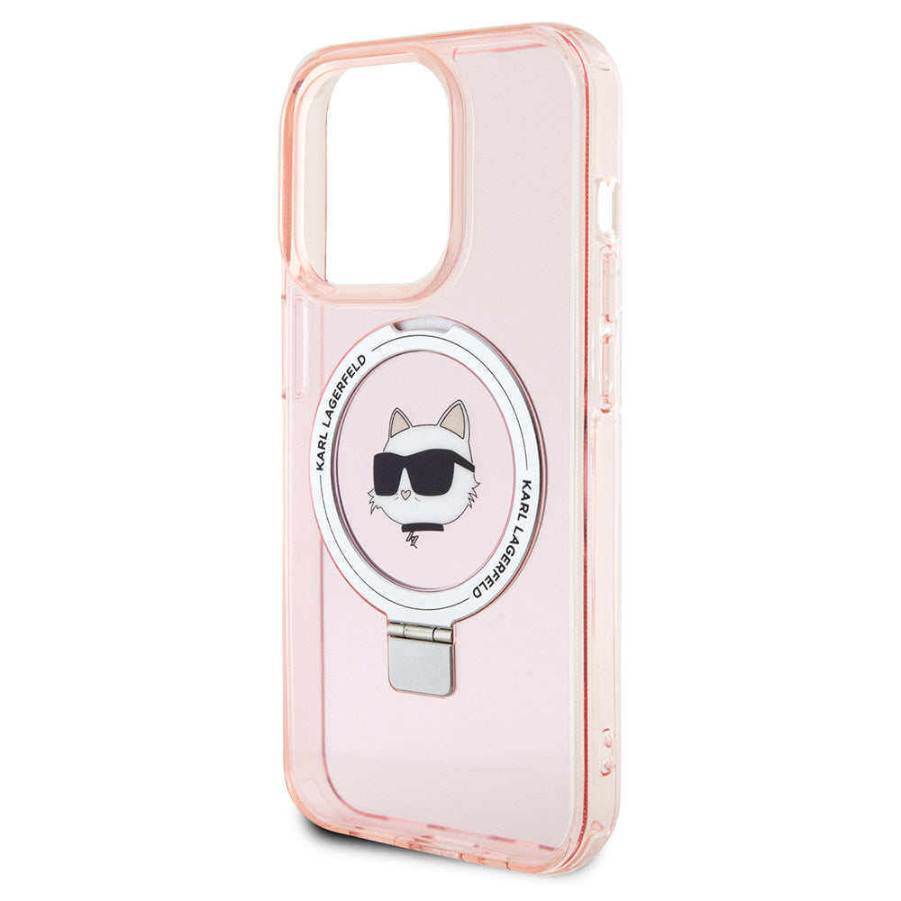 Custodia MagSafe per Apple iPhone 15 Pro, Karl Lagerfeld, Ring Stand Choupette's Head, Rosa