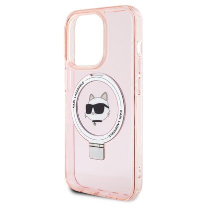 Custodia MagSafe per Apple iPhone 15 Pro, Karl Lagerfeld, Ring Stand Choupette's Head, Rosa